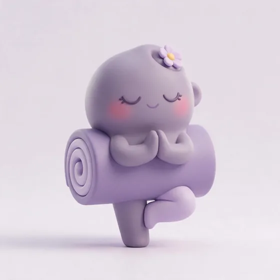 Asana, a cute softly rolled lavender yoga-mat character mid tree-pose, mascot for a yoga studio