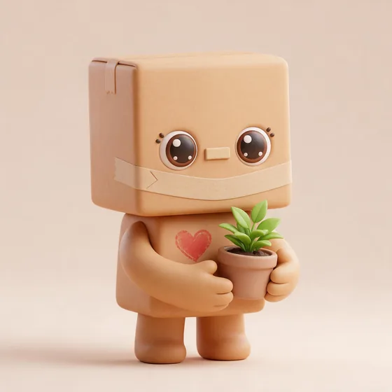 Boxy, a cute sturdy cardboard-box character with a packing-tape band smile, mascot for a moving company