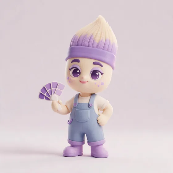 Brushy, a cute paintbrush character with a lavender-dipped bristle quiff, mascot for a painter & decorator