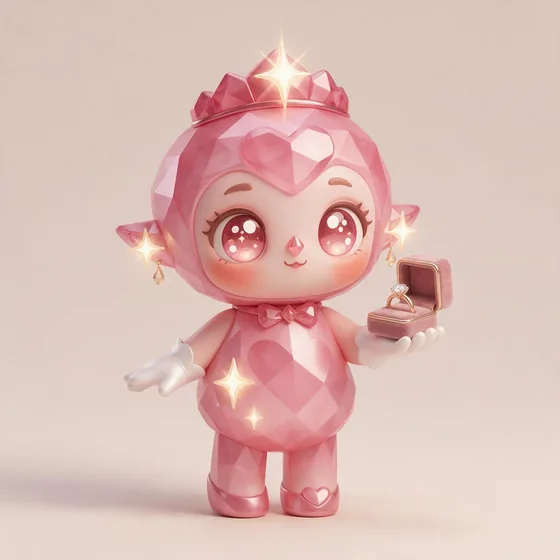 Carat, a cute rose-pink faceted gem character with star sparkles at her points, mascot for a jewellery shop