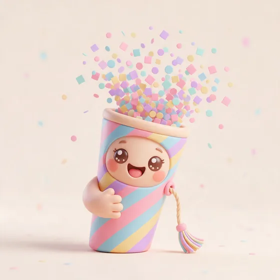Confetti, a cute pastel party-popper character with a cone body in candy stripes, mascot for a party & event planning