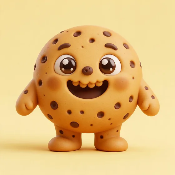Crumb, a cute round golden chocolate-chip cookie character with a bite-shaped grin, mascot for a cookie shop