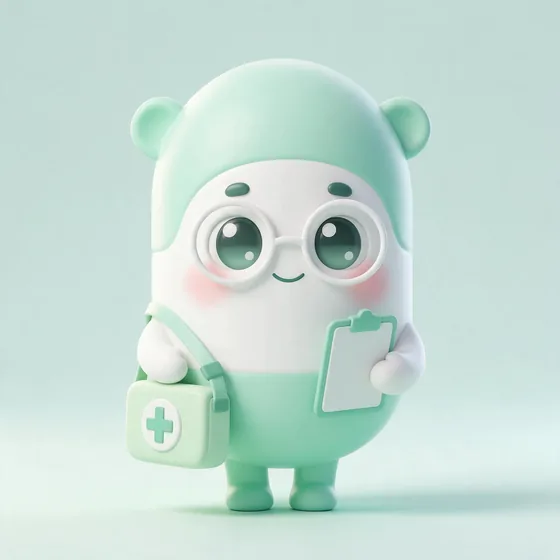 Dose, a cute two-tone mint-and-white capsule character with small round glasses, mascot for a pharmacy