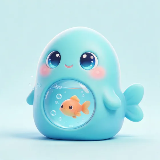 Drizzle, a cute plump pastel-blue water-droplet character with a tiny goldfish friend in his transparent belly, mascot for a aquarium shop