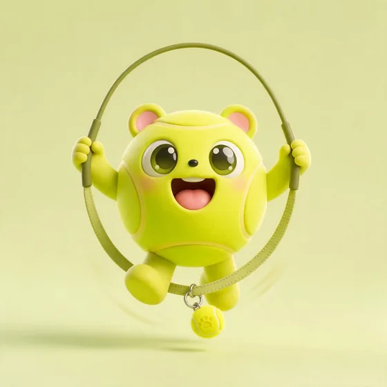 Fetch, a cute fuzzy yellow-green tennis-ball character with a bounce blur, mascot for a dog walking