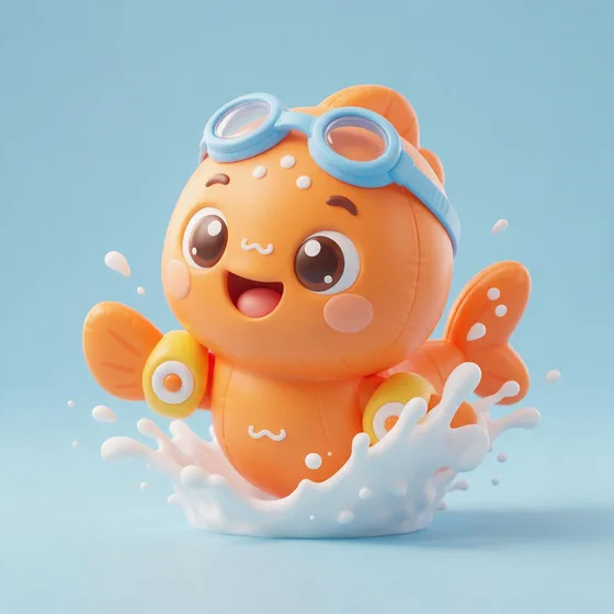 Finny, a cute puffy orange inflatable-fish character with armband rings on his fins, mascot for a kids swim school