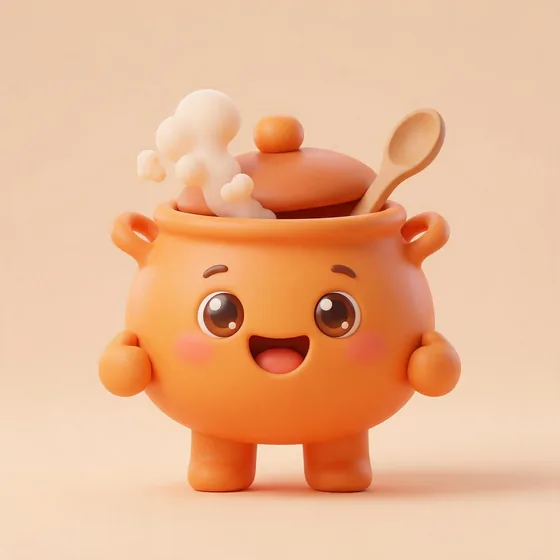 Gumbo, a cute round orange soup-pot character with a lid worn like a cap, mascot for a soup & comfort food