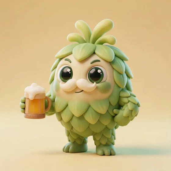 Hopsy, a cute plump green hop-cone character with layered leafy scales, mascot for a craft brewery