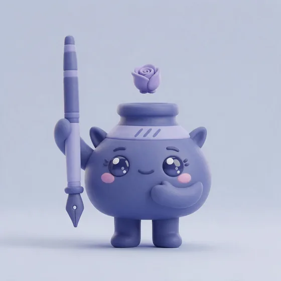 Inka, a cute round indigo ink-bottle character with a dip-pen held like a staff, mascot for a tattoo studio