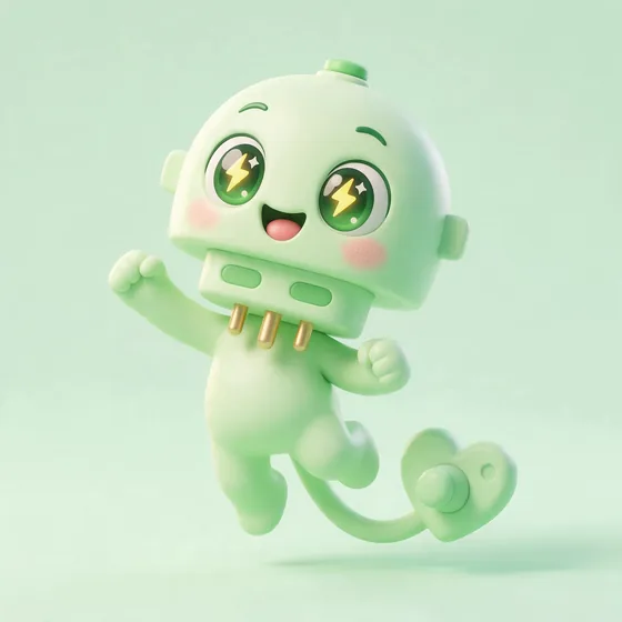 Jolt, a cute pastel green ev-charging-plug character with a cable tail ending in a heart plug, mascot for a EV charging & e-mobility