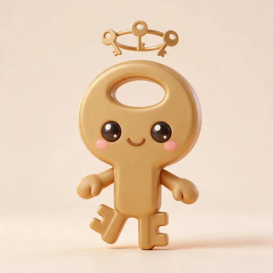 Keys, a cute rounded brass key character with the bow as his head, mascot for a locksmith