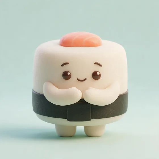 Maki, a cute round maki roll character with a white rice body, mascot for a sushi bar