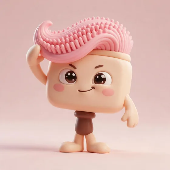 Mane, a cute round paddle-brush character with a swooping pastel-pink hair wave on top, mascot for a hair salon