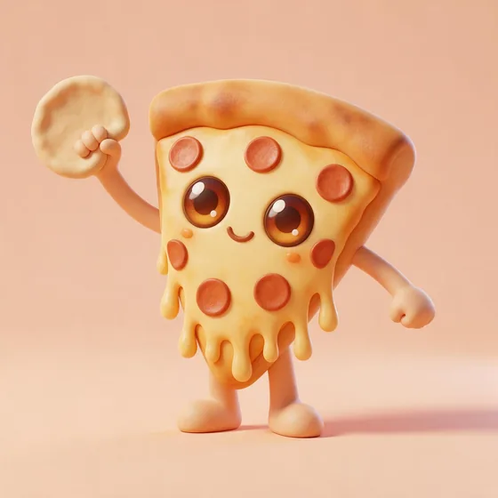 Peppo, a cute smiling pizza slice character with melty cheese drips like a fringe, mascot for a pizzeria