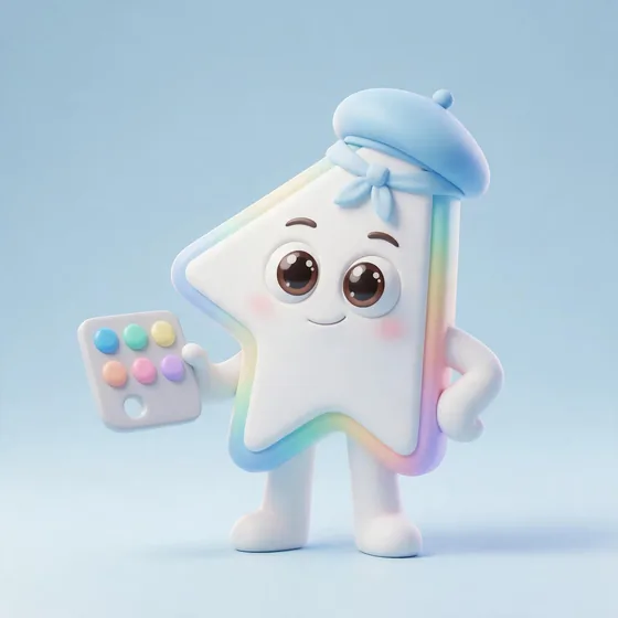 Pixel, a cute rounded white cursor-arrow character with a pastel gradient edge, mascot for a web design agency