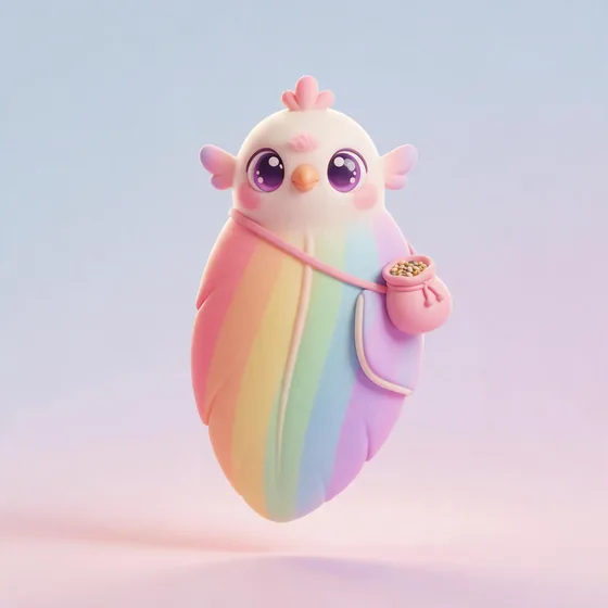 Plume, a cute single pastel rainbow feather character with a tiny beaked face at the top, mascot for a bird & exotic pets