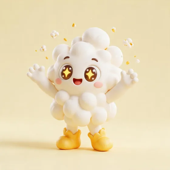 Poppy, a cute fluffy white popcorn-kernel character with a golden kernel base like boots, mascot for a popcorn & snacks