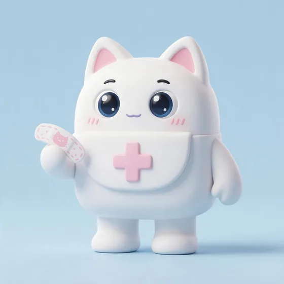 Purrl, a cute rounded white first-aid-pouch character with soft cat ears, mascot for a vet clinic