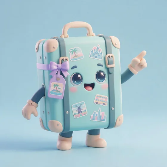 Roam, a cute mint vintage-suitcase character with pastel travel stickers, mascot for a travel agency