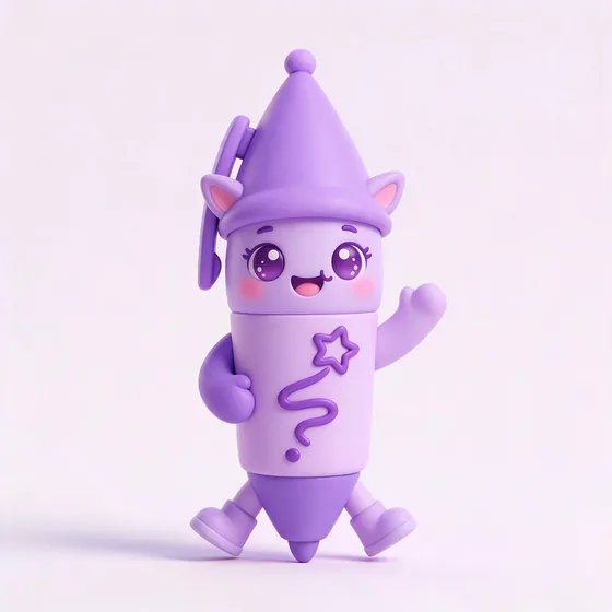 Scribble, a cute lavender gel-pen character with the cap as a pointed hat, mascot for a stationery shop