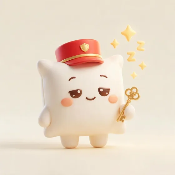 Snooze, a cute plush white pillow character in a red bellhop hat, mascot for a hotel & B&B