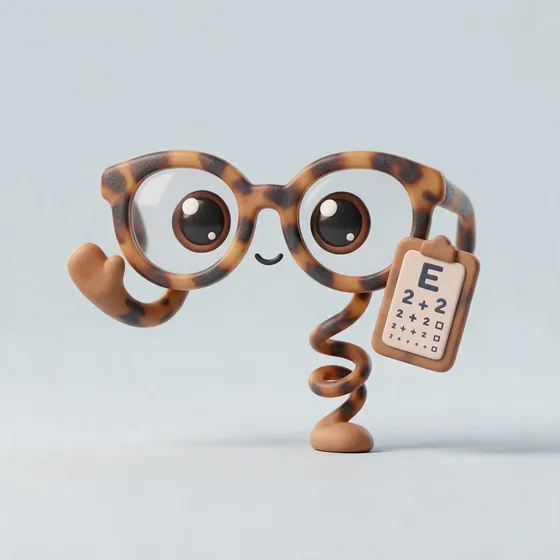 Specs, a cute round tortoiseshell eyeglasses character with big friendly eyes in the lenses, mascot for a optician