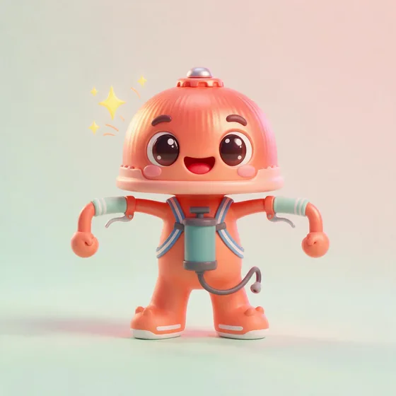 Spoke, a cute shiny coral bicycle-bell character with a dome head that rings sparkles, mascot for a bike shop