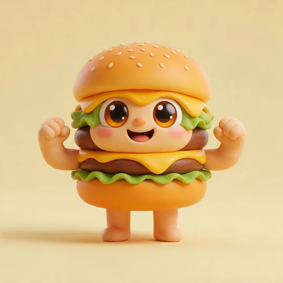 Stacks, a cute tall stacked cheeseburger character with a sesame bun hat, mascot for a burger joint