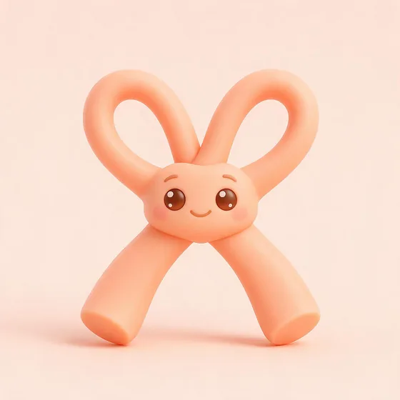Stretch, a cute soft peach resistance-band character looped into a gentle bow shape with a calm smiling face in the centre, mascot for a physiotherapy