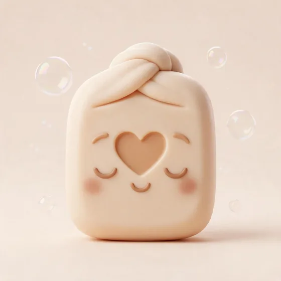 Suds, a cute rounded oat-cream soap-bar character with carved heart stamp, mascot for a soap & skincare