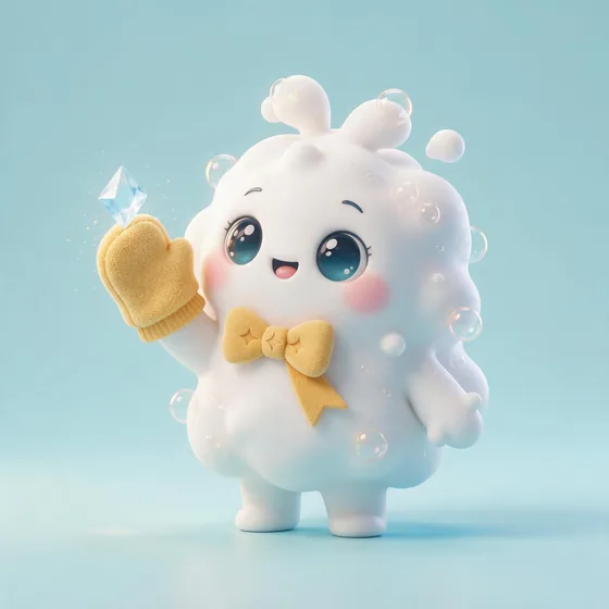 Sudsy, a cute fluffy white foam-blob character with iridescent bubbles, mascot for a car wash