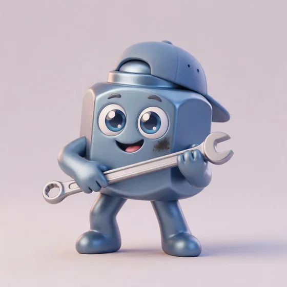 Torque, a cute hexagonal steel-blue lug-nut character with a cap worn backwards, mascot for a auto mechanic