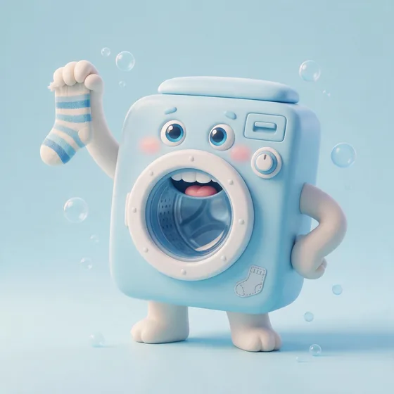 Tumble, a cute rounded pastel-blue washing-machine character with a porthole door as a grinning mouth, mascot for a laundromat